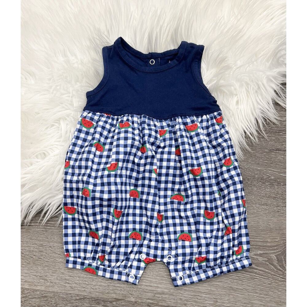 Carters Baby Girl 6 Months Blue Plaid Bubble Romper Watermelon NWT